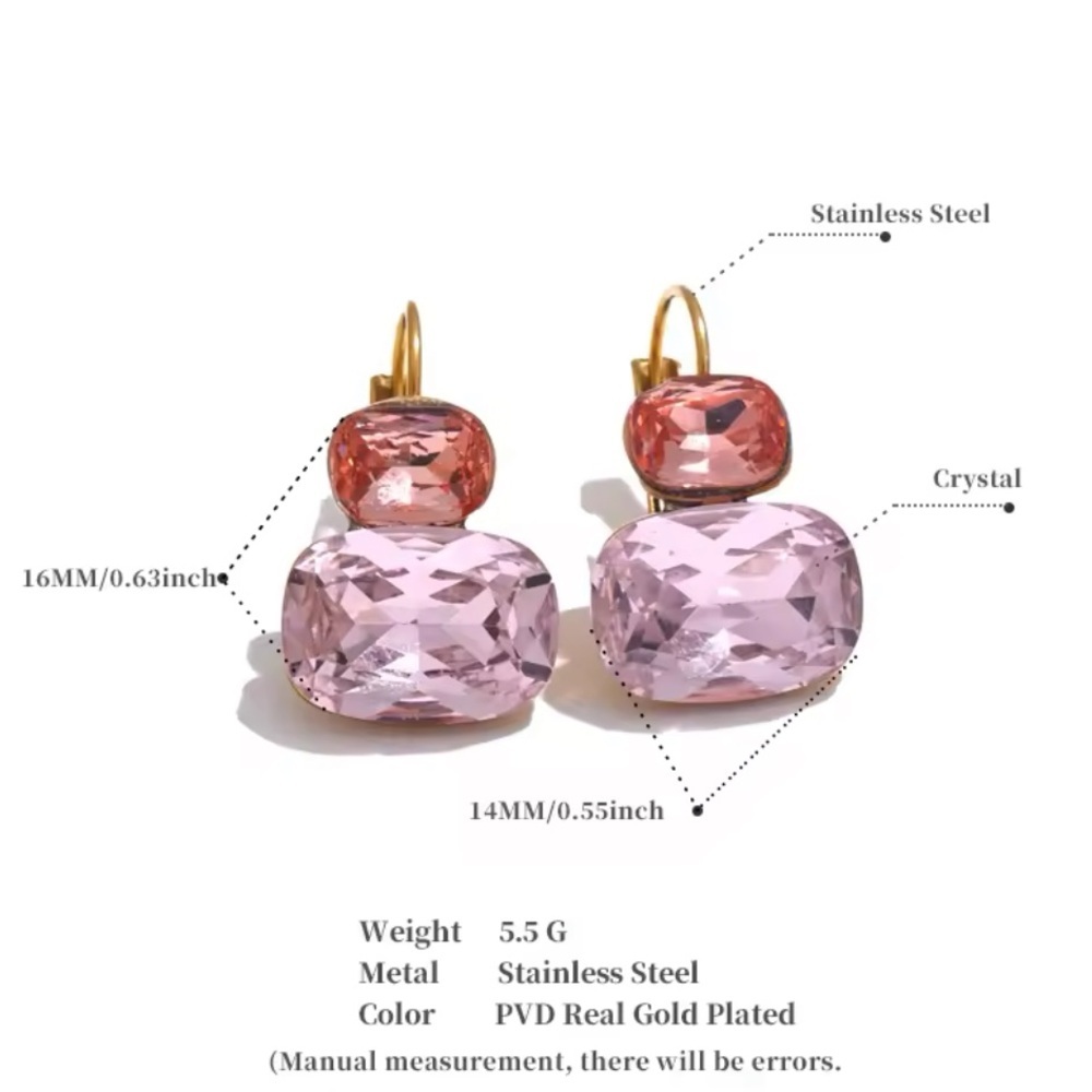 Pink Crystal Drop Earrings – Gold-Plated Stainless Steel - Picture 3 of 10